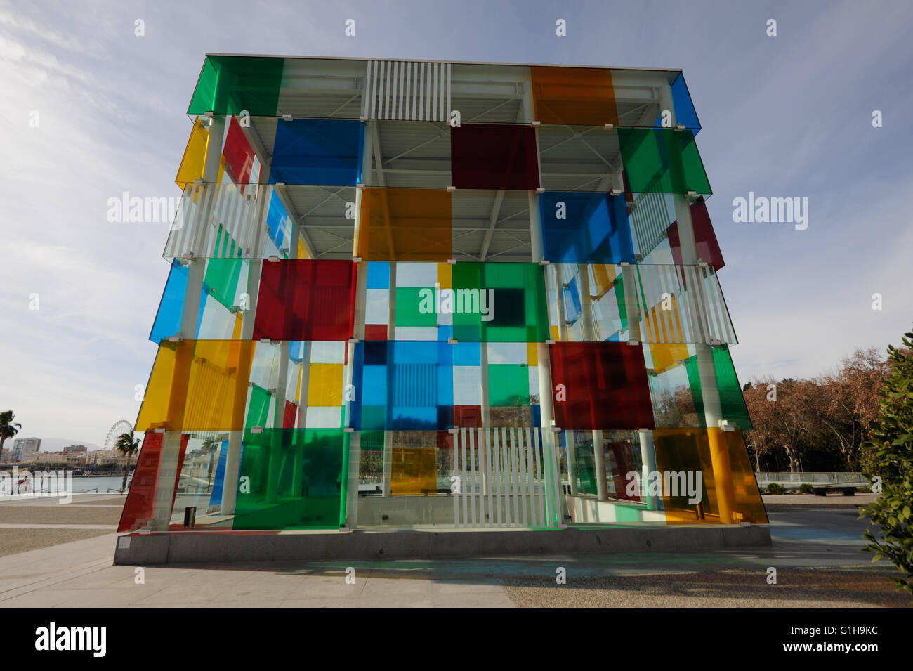 Französisch-Museum, Centre Pompidou, Rubik Cube, Hafen, Hafen, Hafen, Málaga Stockfoto