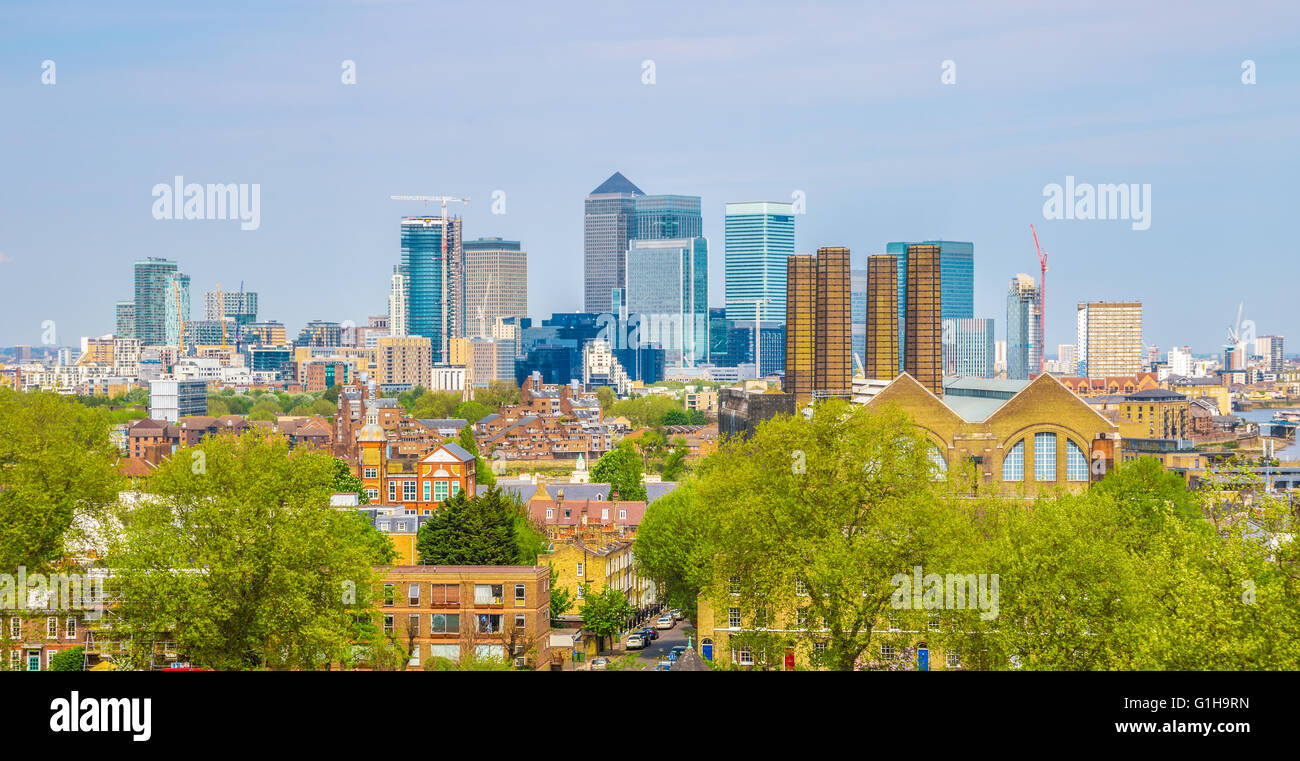 Ansicht von Canary Wharf von Greenwich Hügel von London, England, UK Stockfoto