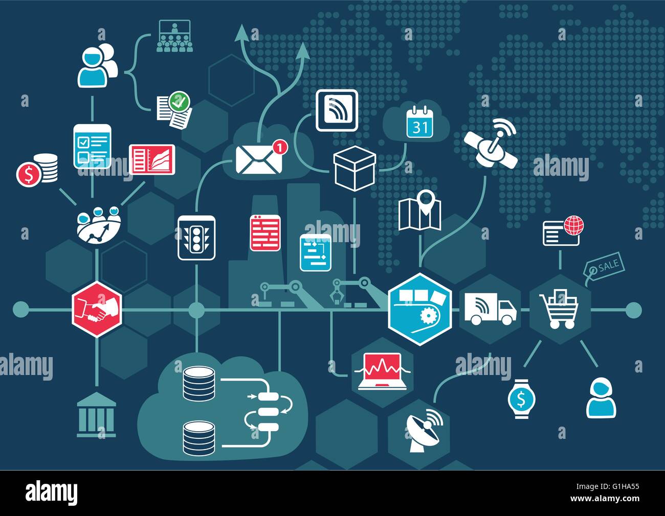 Cloud-computing-Konzept mit verschiedenen angeschlossenen Geräte innerhalb von Business Workflows des Internet der Dinge Stock Vektor