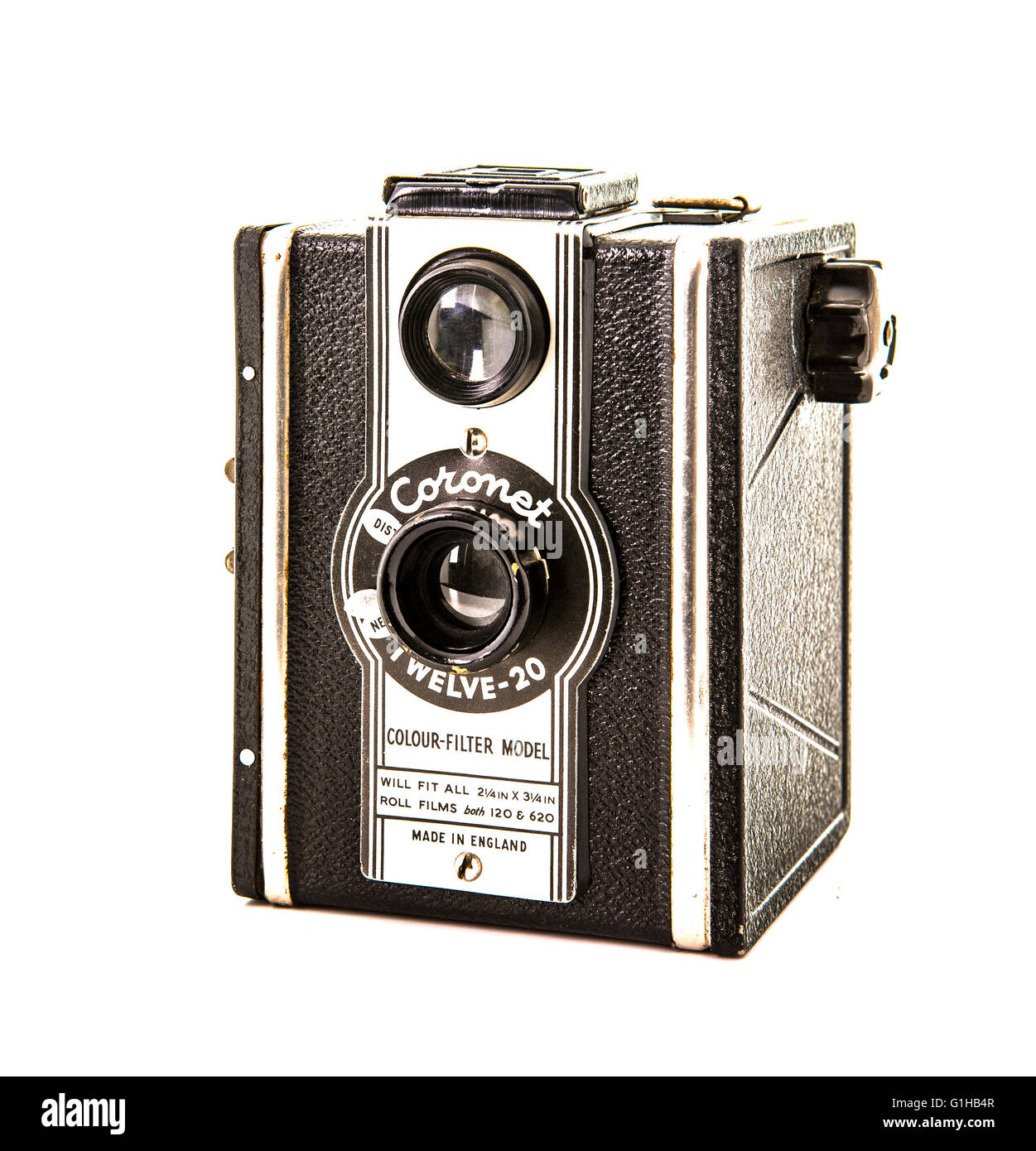 Coronet's 12-20-Box-Kamera aus dem Jahr 1950 auf weißem Hintergrund Stockfoto