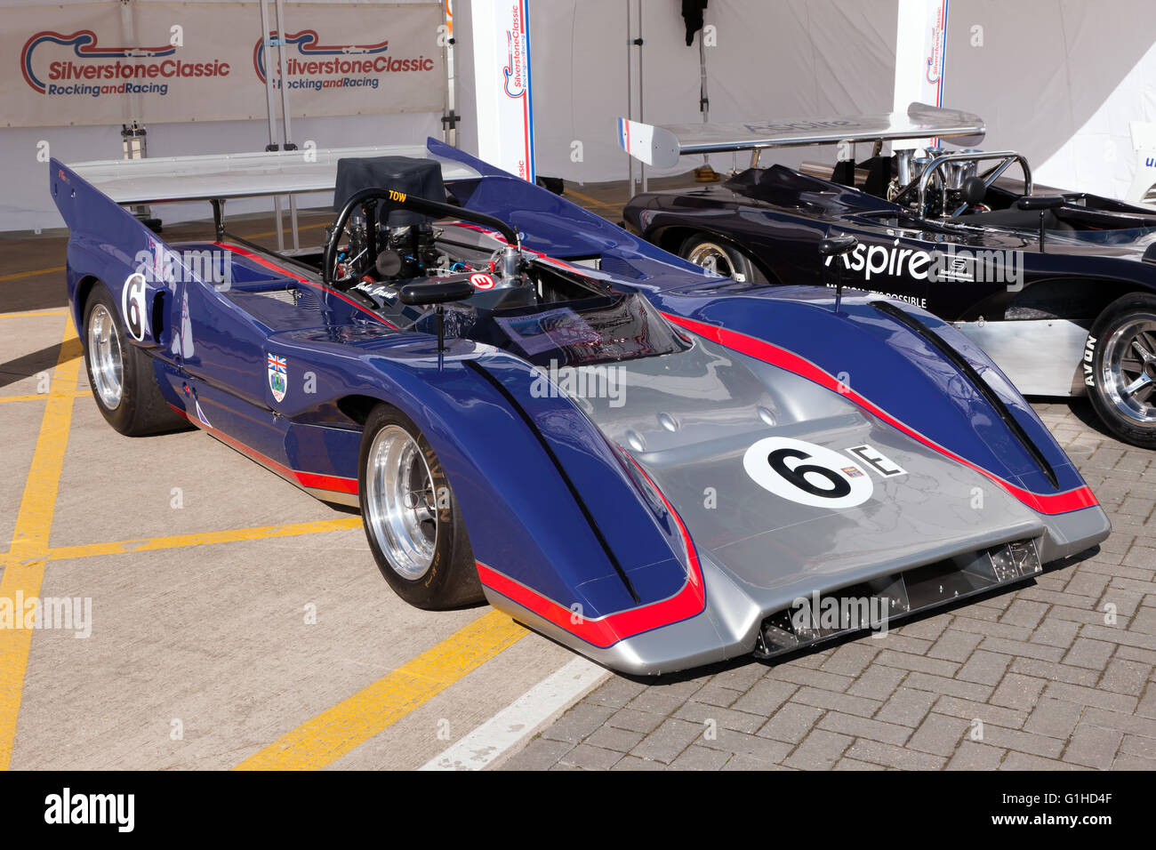 Ein 1970 McLaren M8C/D auf statische Anzeige während der Silverstone Classic Media Day 2016. Stockfoto