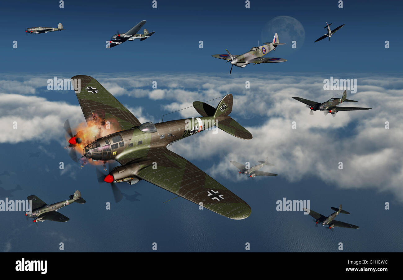 Die Luftschlacht um England. Supermarine Spitfires der RAF, Nazi-deutschen Heinkel He 111 Mittlerer Bomber angreifen. Stockfoto