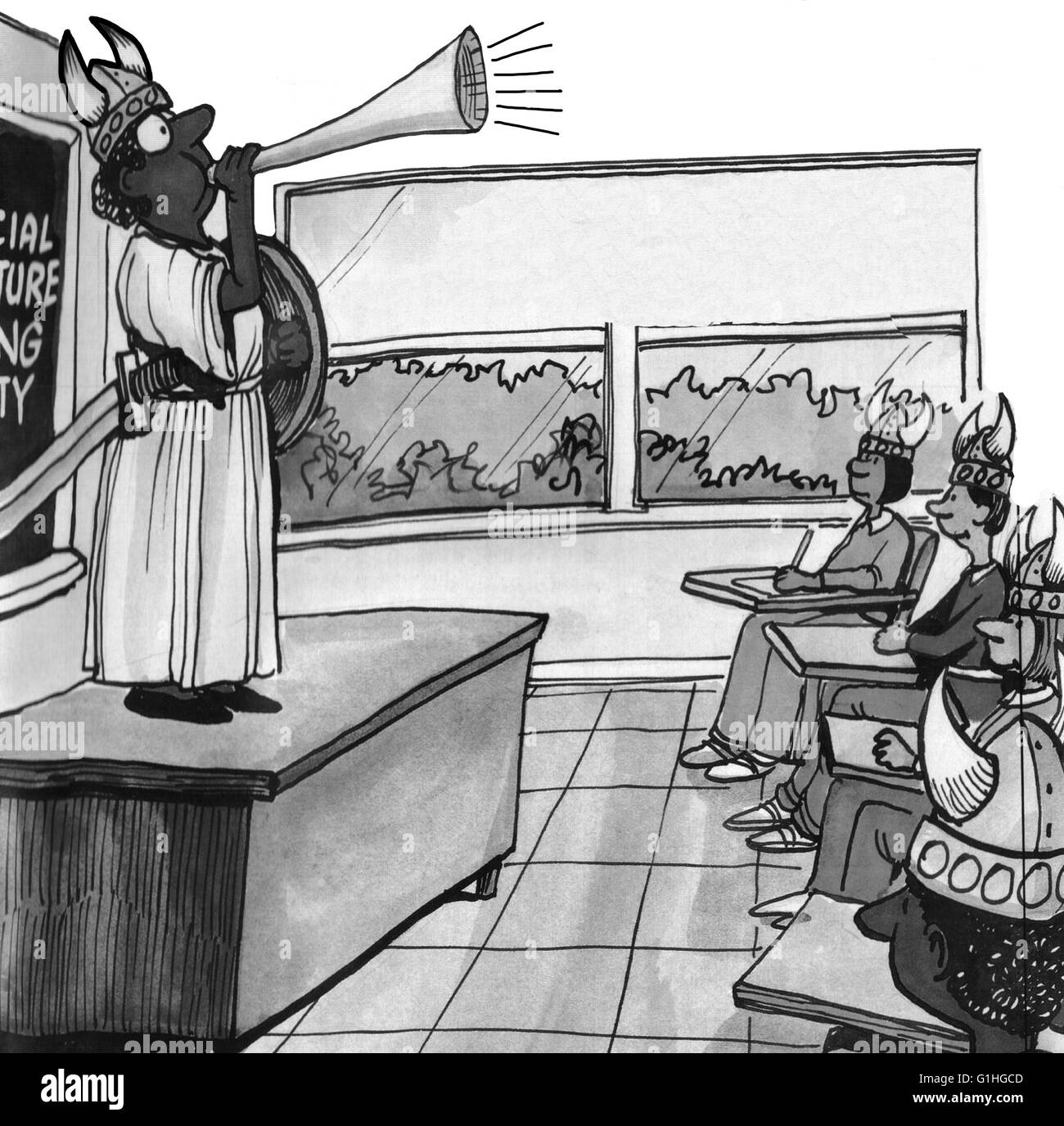 Bildung-Karikatur über einen Lehrer, der lernen Spaß macht. Stockfoto