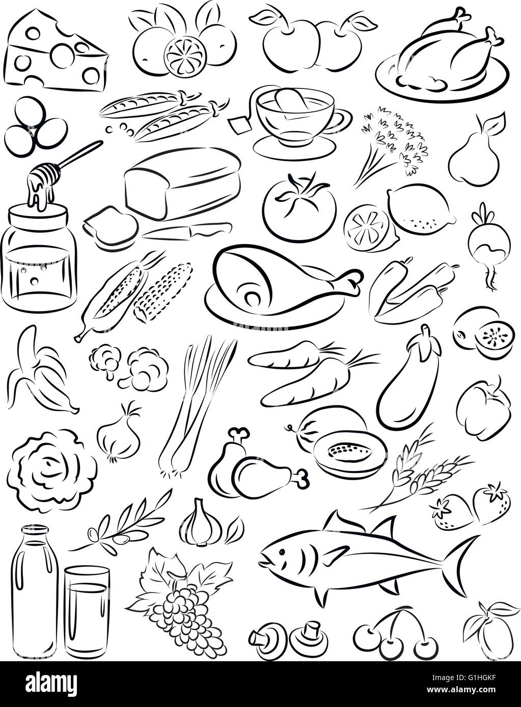 Vektor-Illustration gesunde Ernährung Sammlung in Linie Kunst Essen Stock Vektor