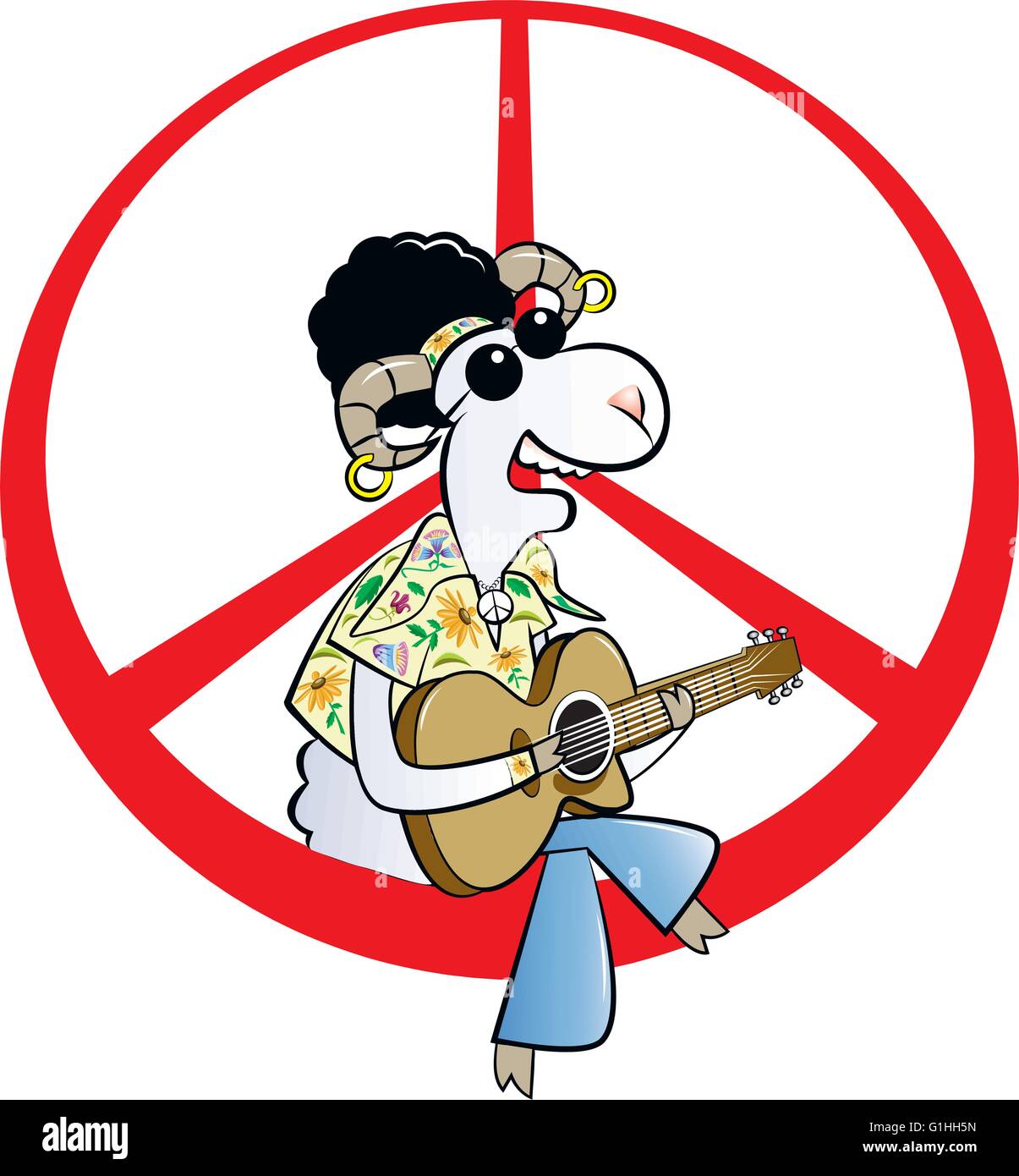 Vektor-Illustration eines Hippie-Ram Charakters sitzen auf Friedenszeichen und Gitarre spielen Stock Vektor
