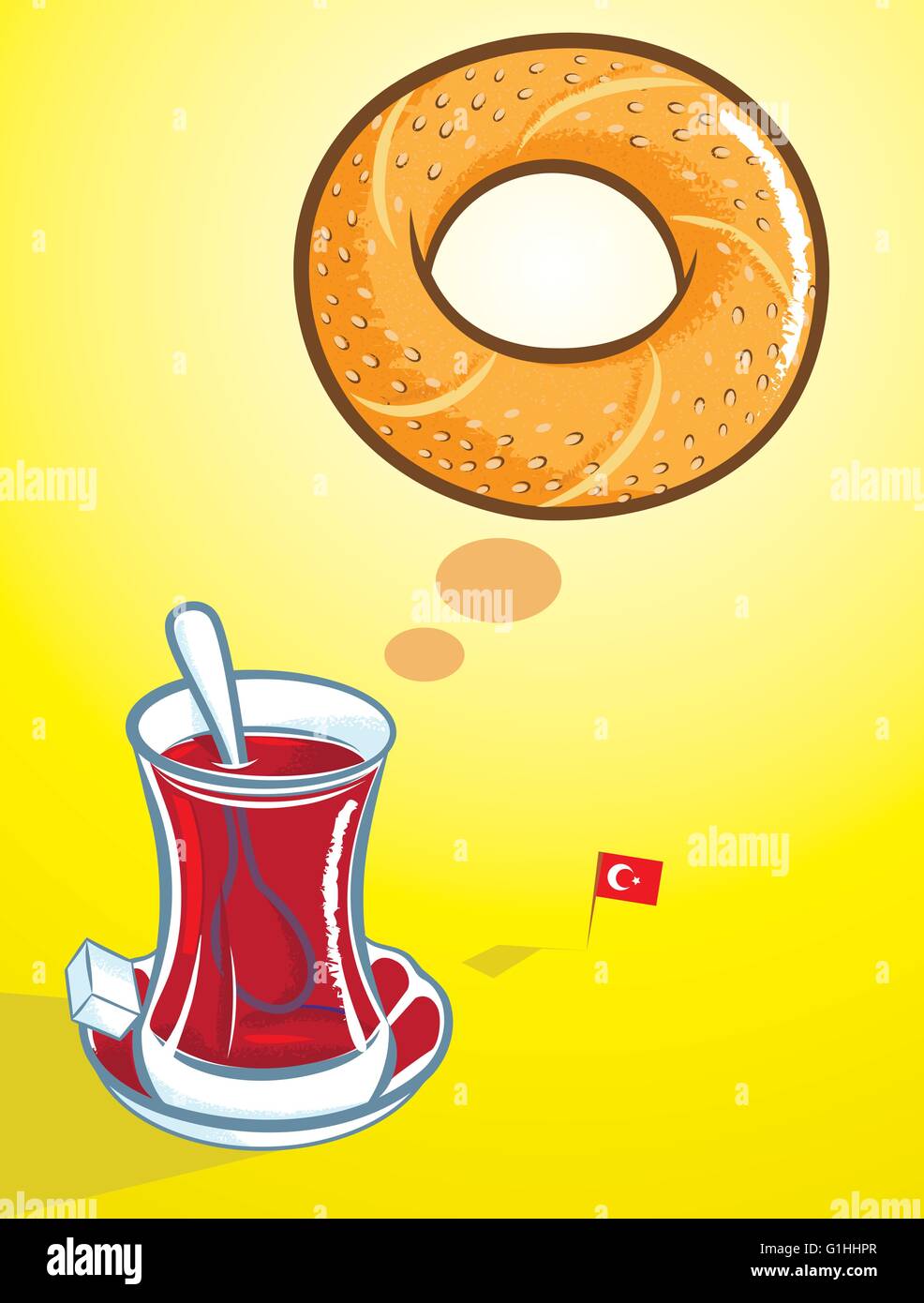 Vektor-Illustration von türkischen Bagel und ein Glas des traditionellen türkischen Tee auf gelbem Hintergrund Stock Vektor