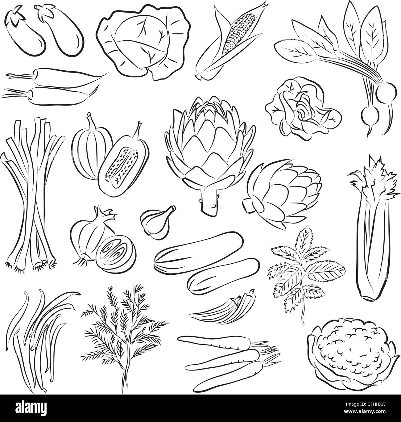 Vektor-Illustration von Gemüse in schwarz / weiß Stock-Vektorgrafik - Alamy