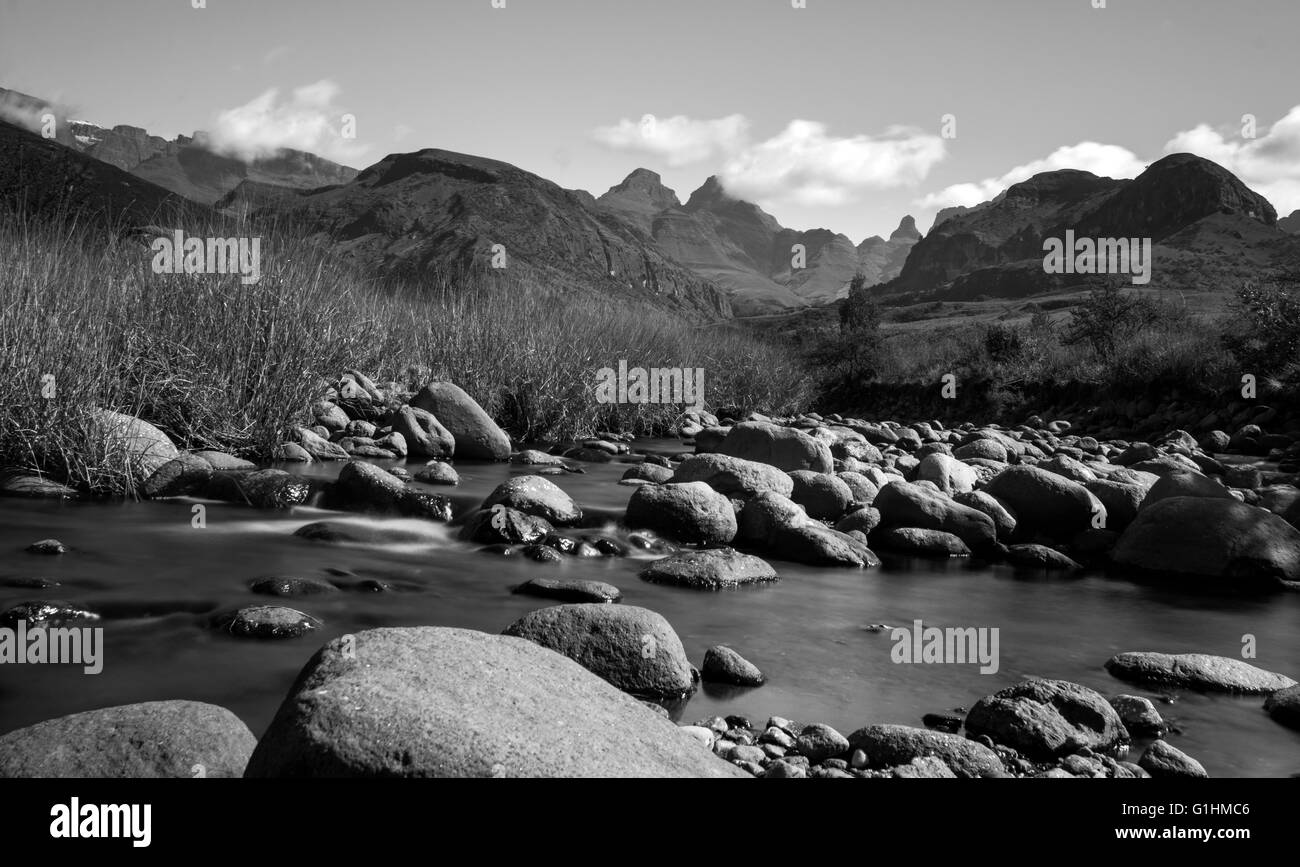 Fluss in der Nähe von Cathedral Peak, Drakensberge, KwaZulu Natal, Südafrika Stockfoto