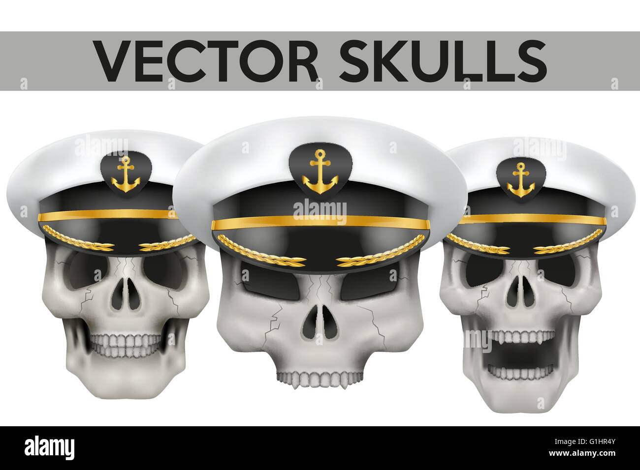 Satz von Vector menschliche Schädel mit Kapitän Schirmmütze auf Kopf Stock Vektor