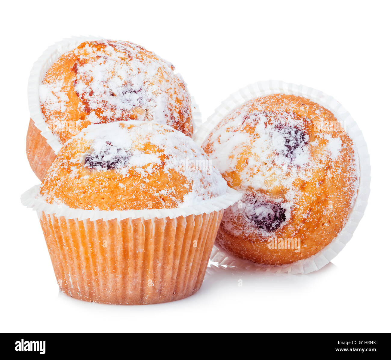 Blueberry Muffins Nahaufnahme isoliert auf einem weißen Hintergrund. Stockfoto