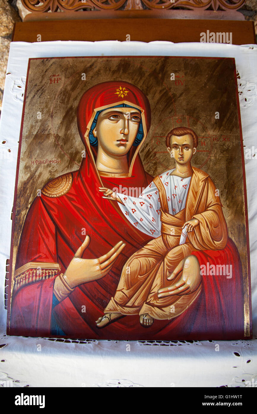 Aureole Kind Christi Mutter Maria Christentum Kirche weiblichen Rahmen Gott Griechenland griechische Hagiographie halten halten Retter Skulptur Stockfoto