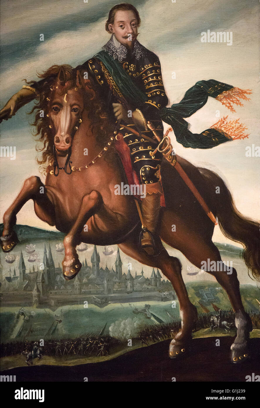 Jacob van der Heyden (1573-1645), König Gustavus Adolphus von Schweden (1594 – 1632) auf dem Pferd in der Schlacht von Stralsund (1628) Stockfoto