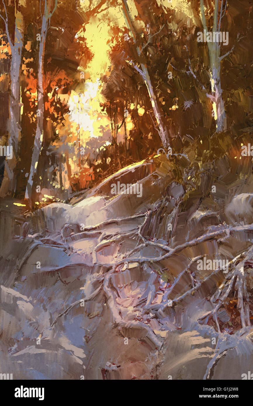 Landschaftsmalerei des Pfades bedeckt mit Baumwurzeln und Felsen im Wald Stockfoto
