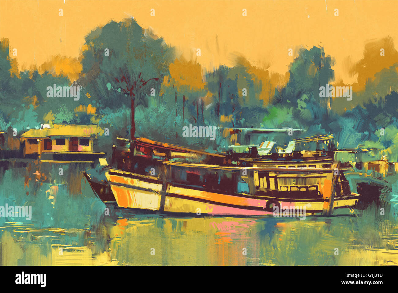 Bunte Gemälde des Bootes für den Transport am Fluss Stockfoto
