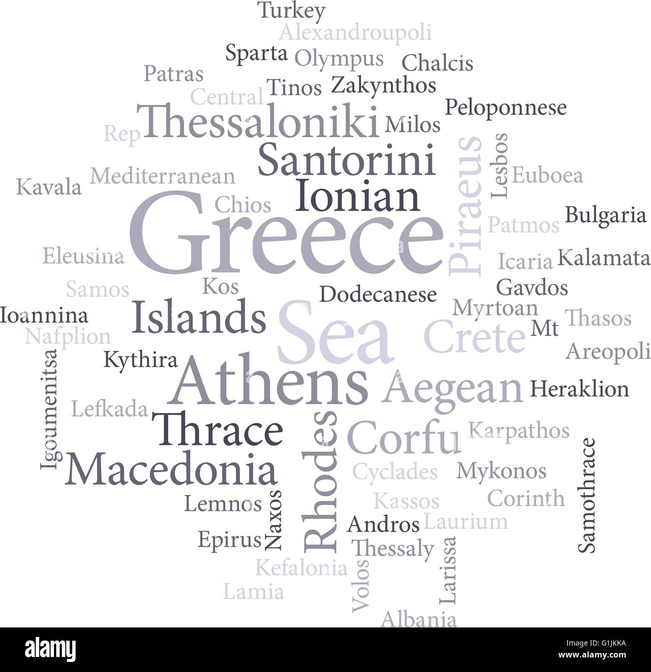 Abbildung der Wort Städte Griechenlands in Wortwolken isoliert auf weißem Hintergrund Stock Vektor
