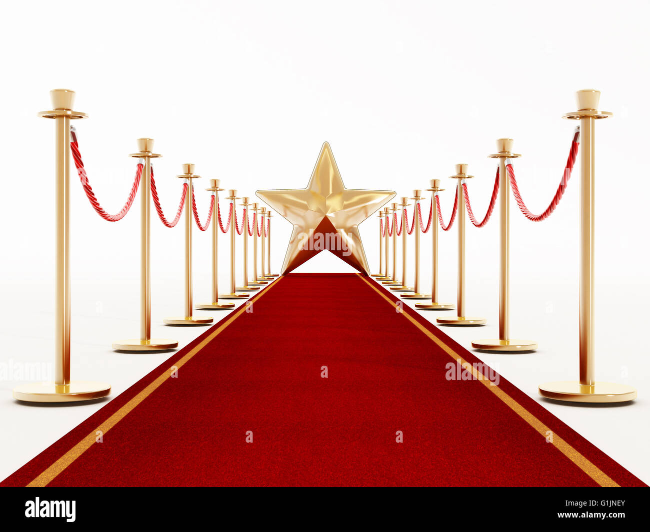 Roter Teppich und Samt Seile mit goldenen sternförmig am Ende der Gasse. Stockfoto