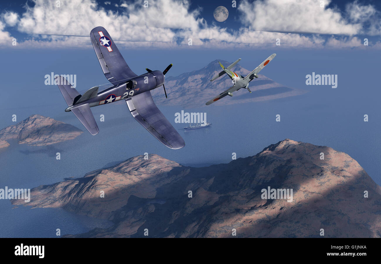 Eine amerikanische Corsair eine japanische Nakajima Kämpfer angreifen. Stockfoto