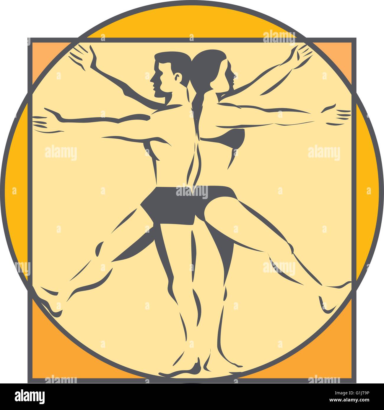 Strichzeichnung Stil Abbildung auf den Da Vinci Mann Vitruvian Mann männlich weiblich stehen Rücken an Rücken mit Armen und Beinen erhöht erweitert gesehen von der Seite, die im inneren Kreis im retro-Stil gemacht. Stock Vektor