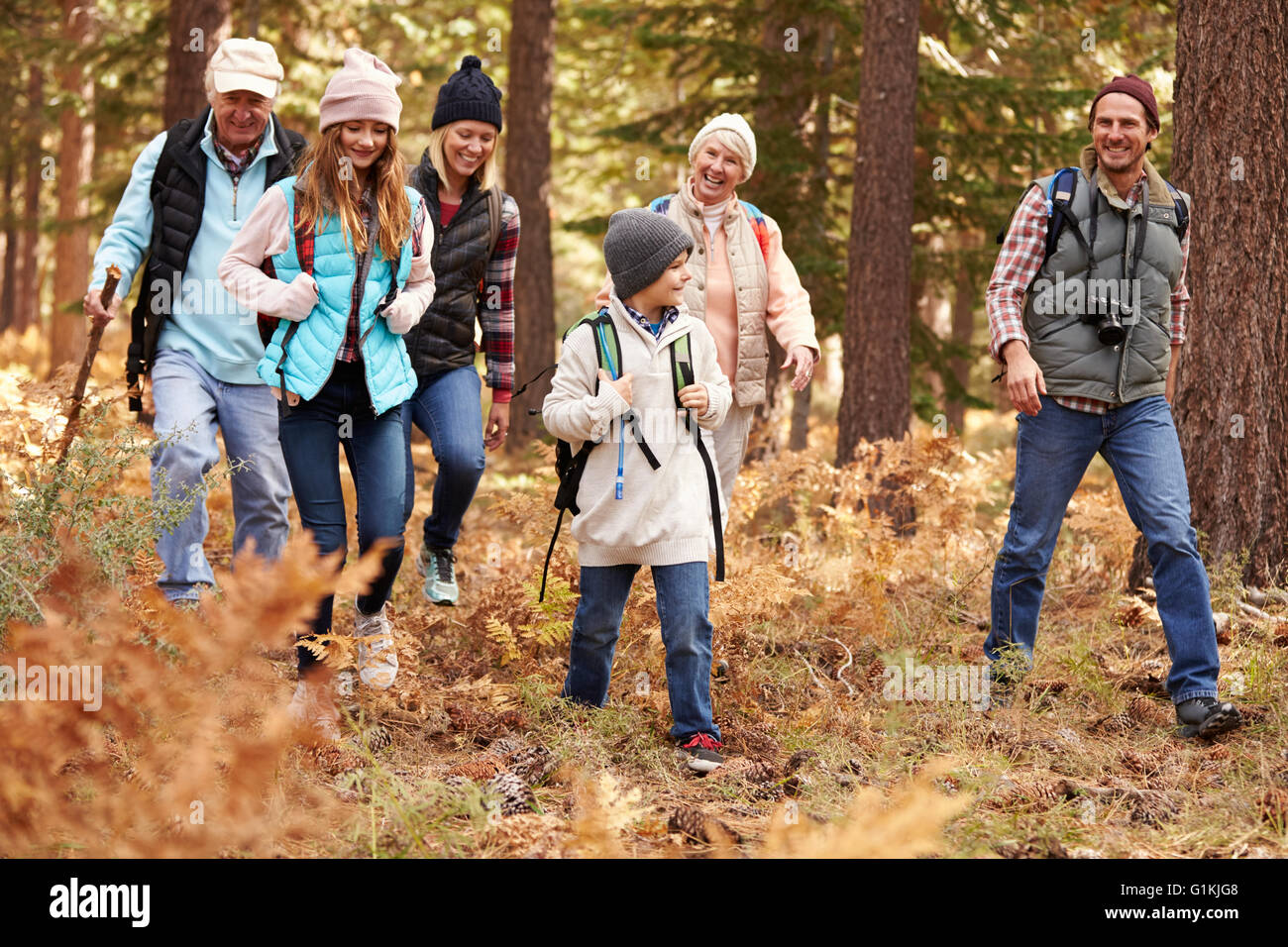 Multi-Generationen-Familie Wandern in einen Wald, Kalifornien, USA Stockfoto