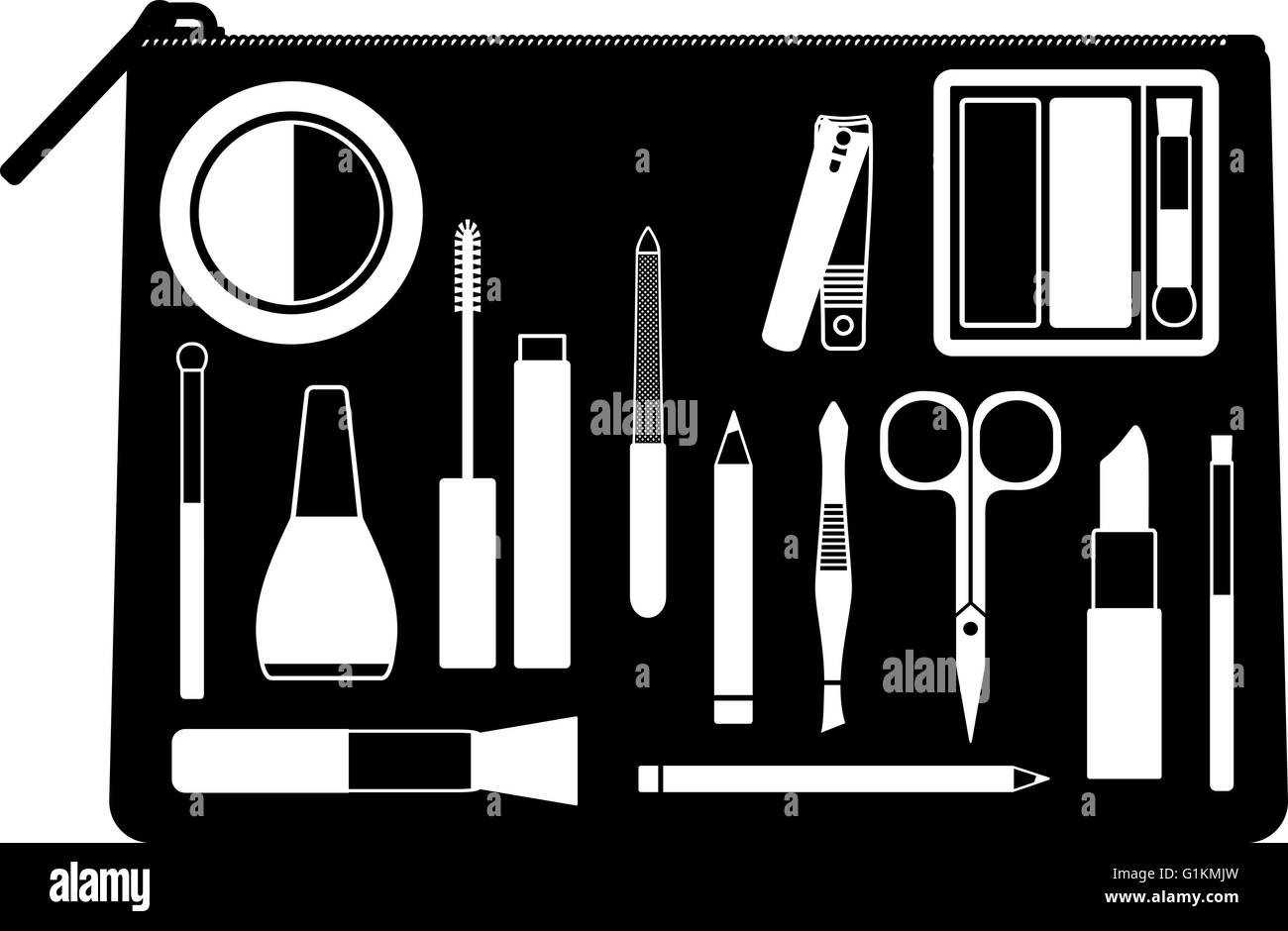 Kosmetiktasche mit verschiedenen Tools für Schönheit und Pflege und Produkte Stock Vektor