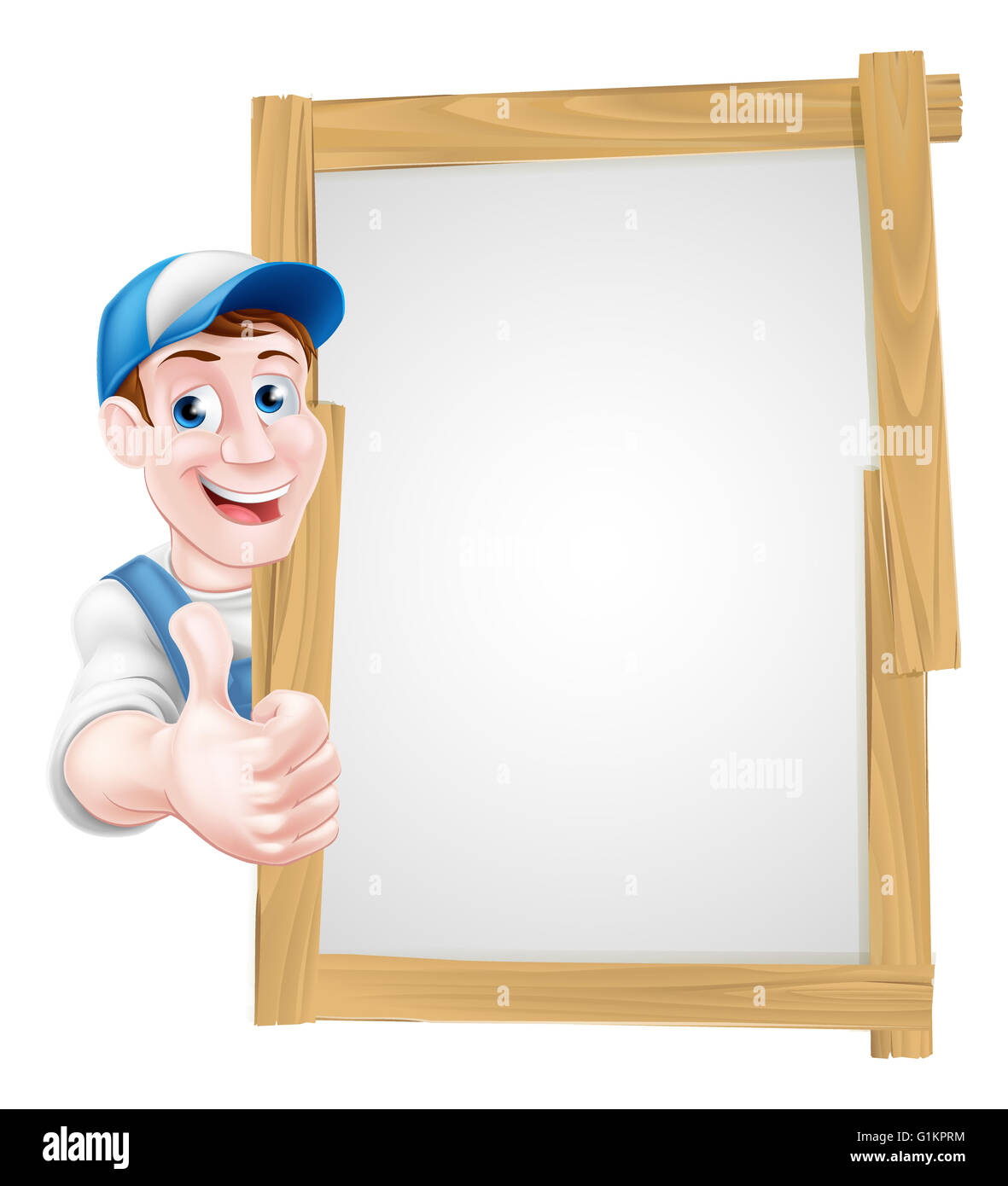 Ein Cartoon-Mechaniker, Klempner, Handwerker, Dekorateur oder Gärtner gelehnt auf einem Schild und geben einen Daumen nach oben Stockfoto