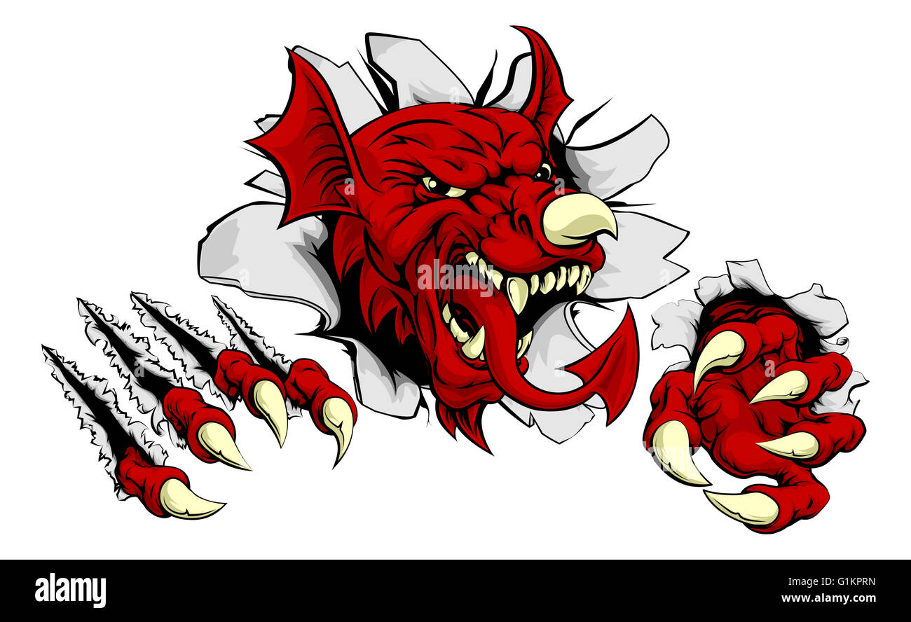 Walisische roter Drache Y Ddraig Goch mit den gleichen Funktionen wie auf der Flagge von Wales, wie die Nase Horn und Zunge durchbrechen th Stockfoto