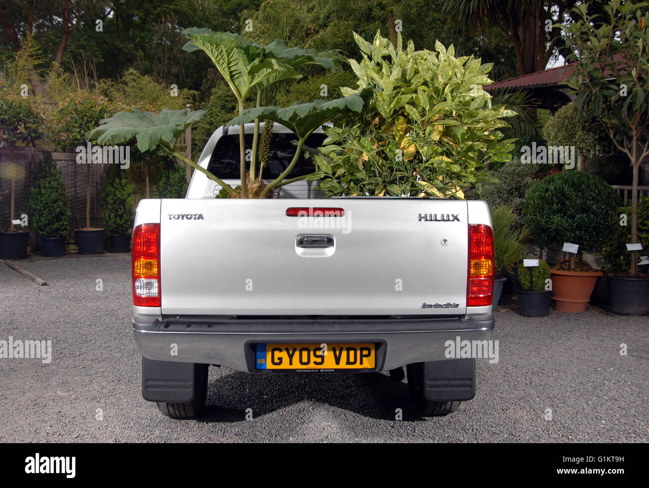 2009 Toyota Hilux Pickup LKW beladen mit Bäumen und Pflanzen Stockfoto