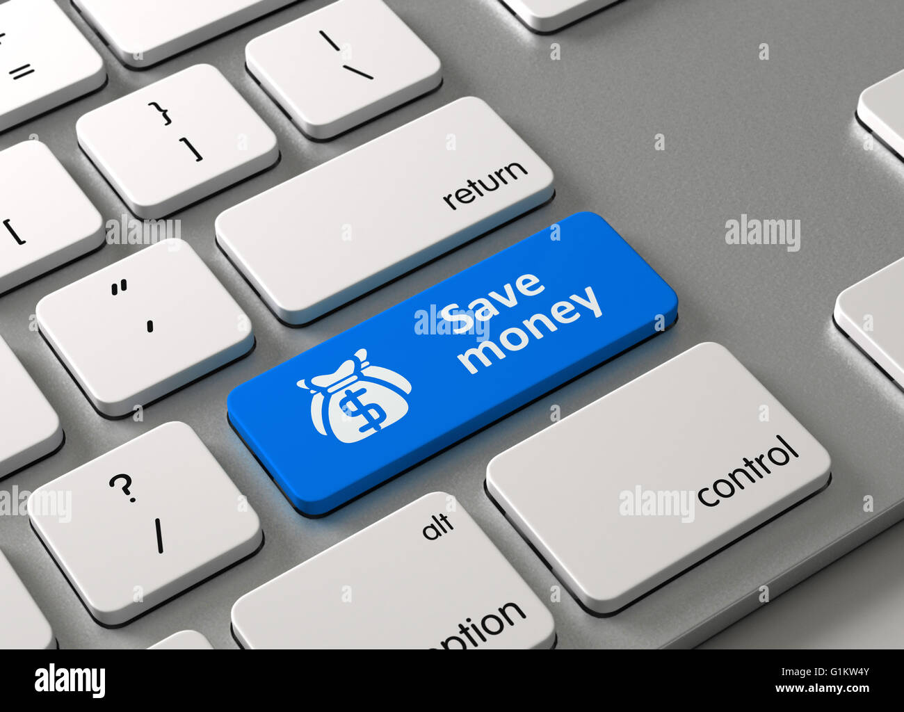 Eine Tastatur mit einem blauen Knopf Geld sparen Stockfoto