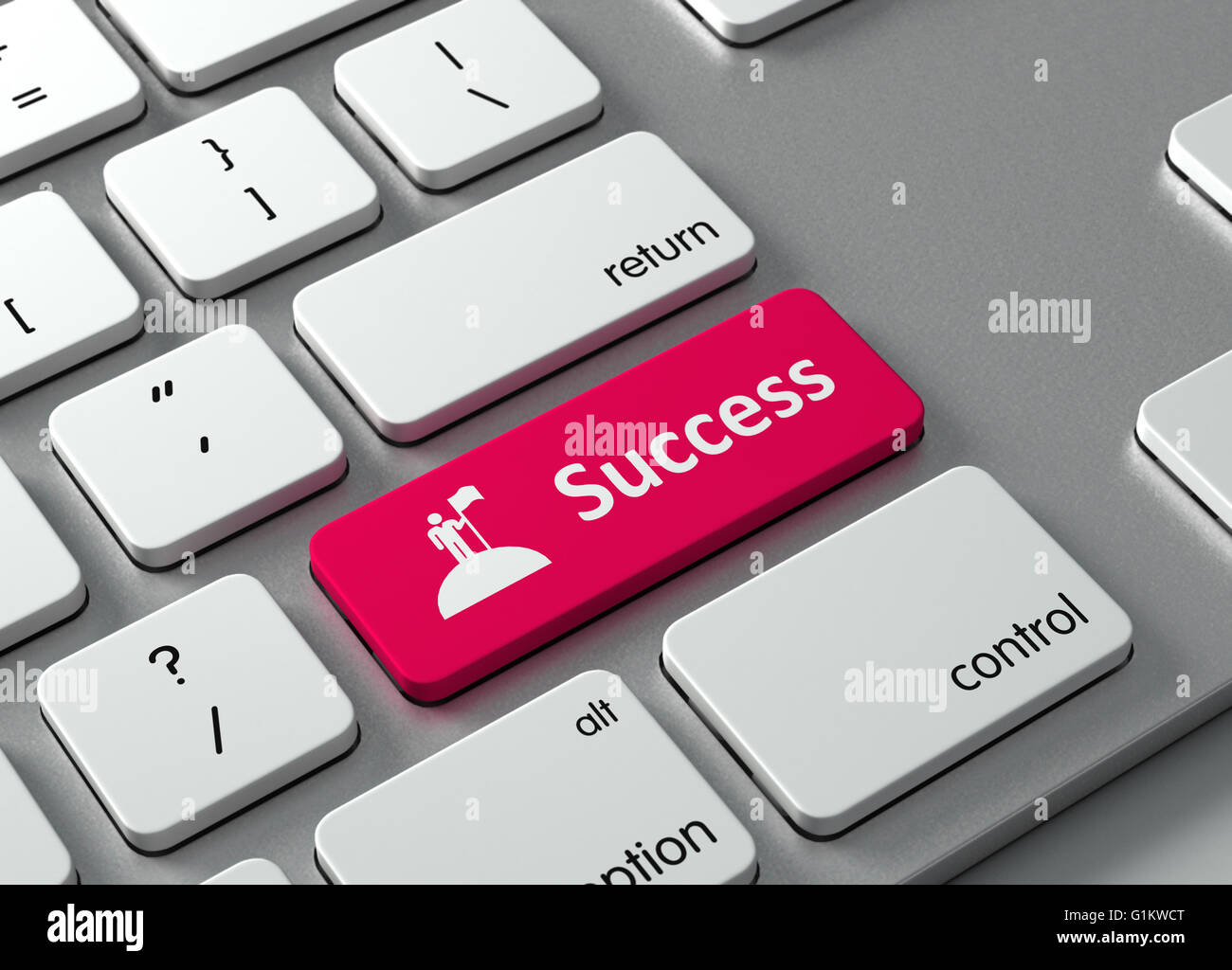 Eine Tastatur mit einem roten Knopf Erfolg Stockfoto
