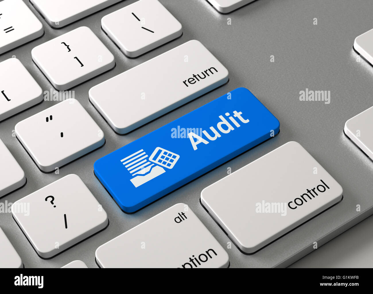 Eine Tastatur mit einem blauen Knopf Audit Stockfoto