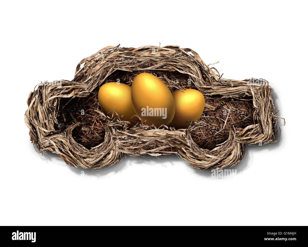 Auto Finanzierungskonzept als ein Nest als Auto oder Auto mit goldenen Eiern im Inneren als ein Finanzsymbol für Transport-Investitionen oder Leasingraten mit 3D Abbildung Elementen geformt. Stockfoto