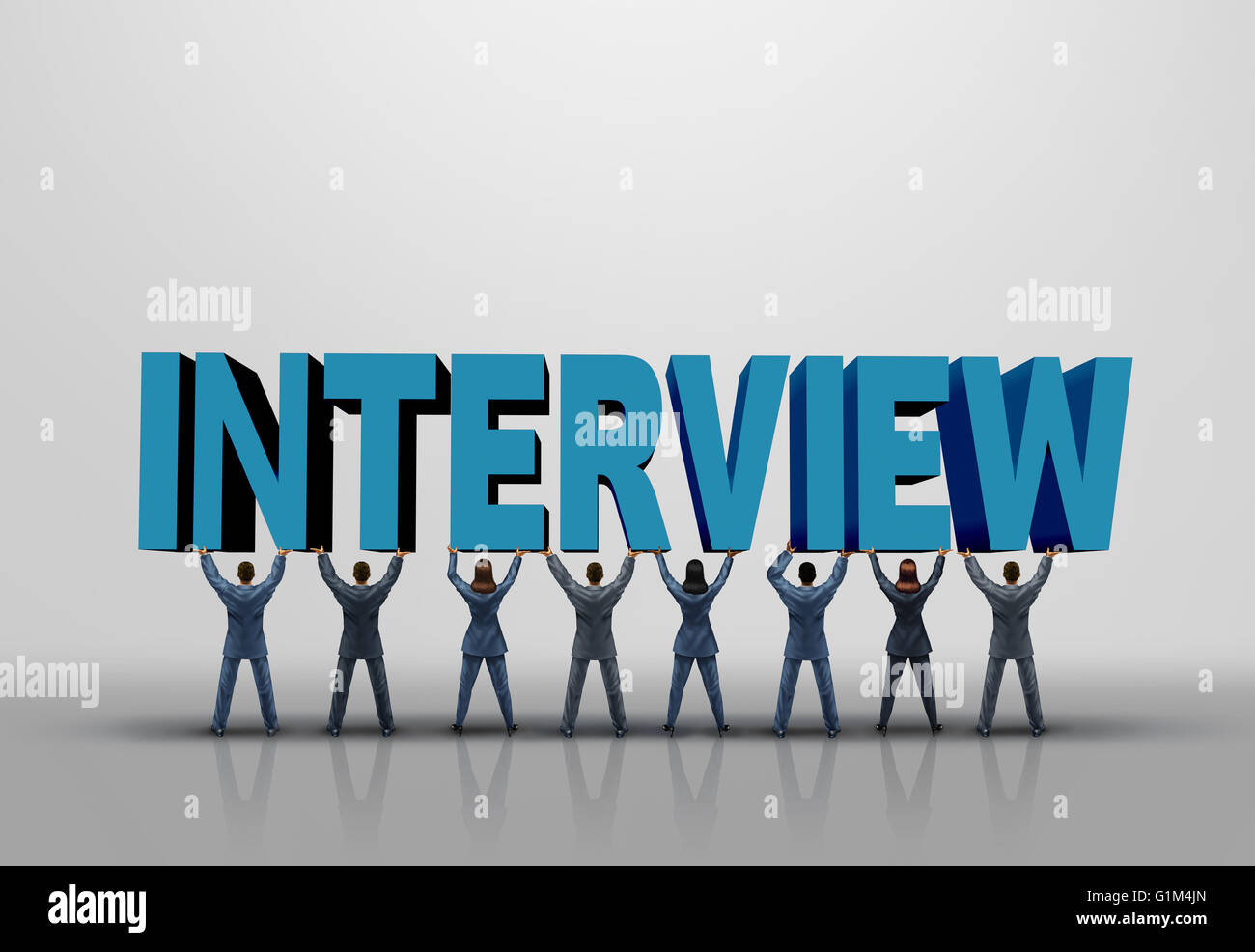 Interview Geschäftskonzept und Karriereplanung Symbol als eine Gruppe von Männern und Frauen heben Sie einen 3D Illustration Text als ein Human Resources, als Beschäftigung. Stockfoto