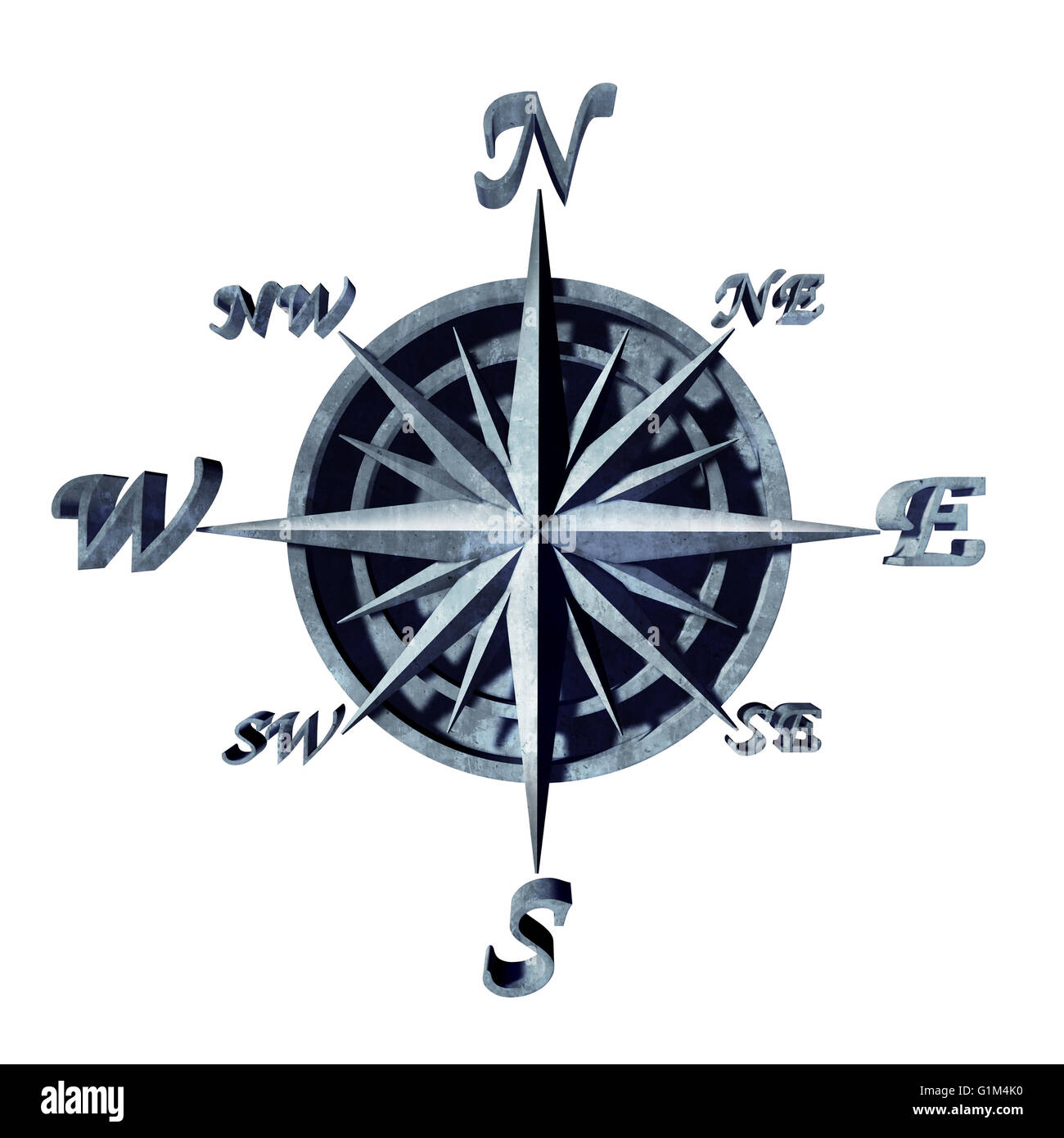 Kompass-Symbol als Navigationsobjekt mit Nord-Süd-Ost und West Richtungen als 3D Abbildung Symbol für Fahrtrichtung. Stockfoto