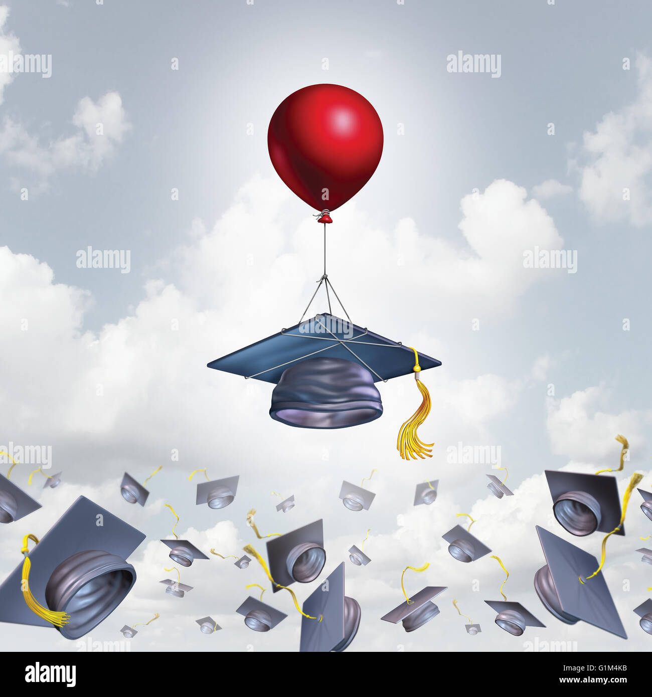 Schule Unterstützung und College Graduation Konzept und Stipendium Symbol als eine Quaste oder Absolvent Kappe mit Hilfe eines Ballons mit 3D Abbildung Elemente höher angehoben wird. Stockfoto