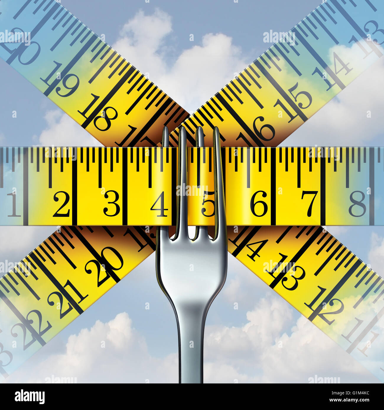 Gabel Mess Band-Ernährung und Diät Lifestyle-Konzept als Metapher für die Überwachung von Kalorien und menschlichen Fitness-Ikone mit 3D Abbildung Elemente. Stockfoto