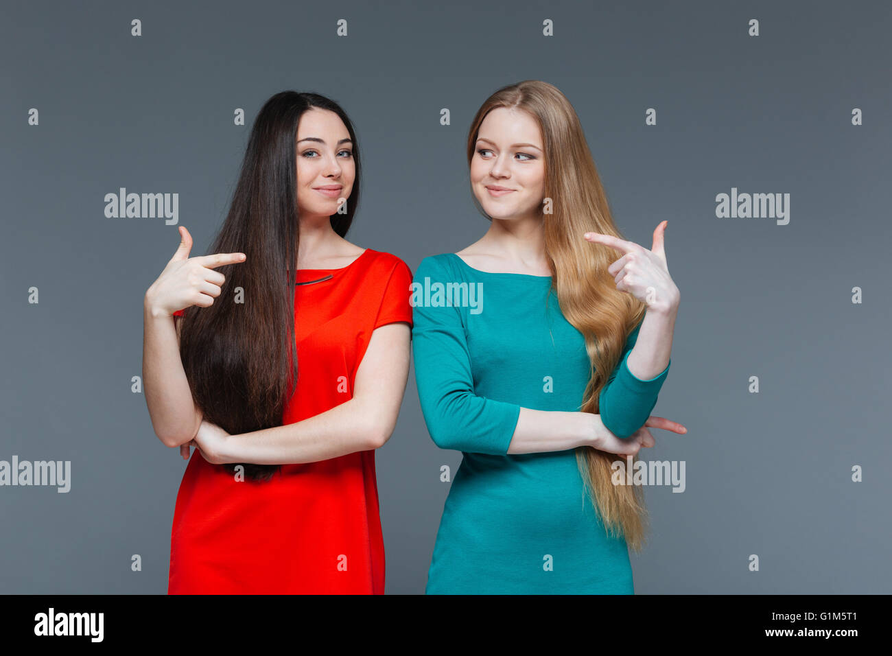 Zwei glückliche Freundinnen Schuldzuweisungen an einander über grauer Hintergrund Stockfoto