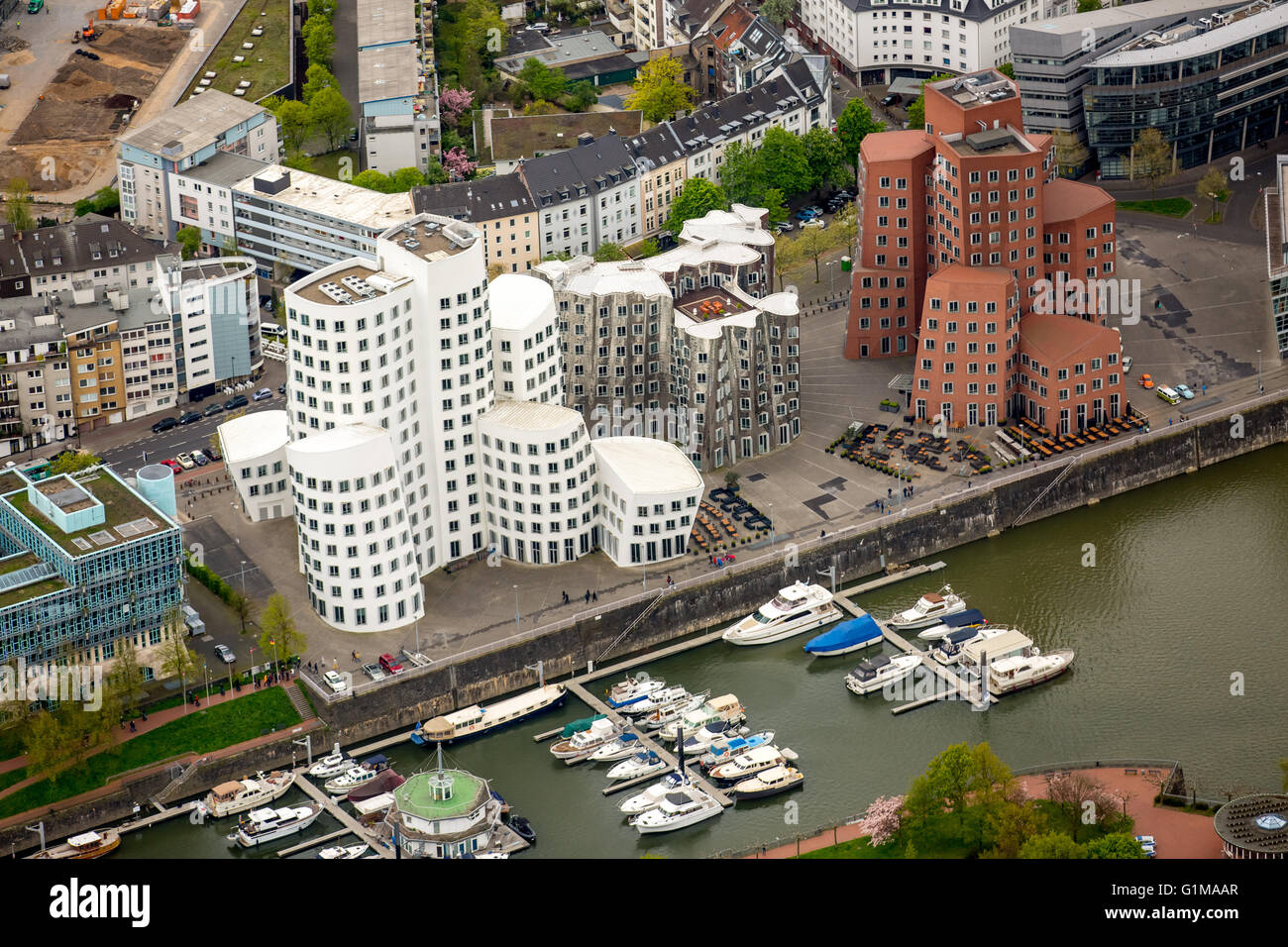 Luftbild, redaktionellen Gebrauch bestimmt, Gehry-Bauten in den Medien-Hafen-Düsseldorf, moderne Architektur, Düsseldorf, Rheinland, Stockfoto
