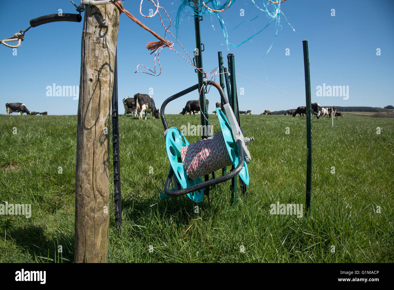 Weidezaun Geräte in einem Rasen Feld, Clitheroe, Lancashire. Stockfoto