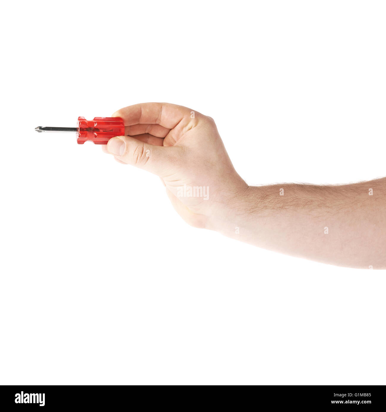 Hand mit einem Schraubendreher Werkzeug, Zusammensetzung über dem weißen Hintergrund isoliert Stockfoto