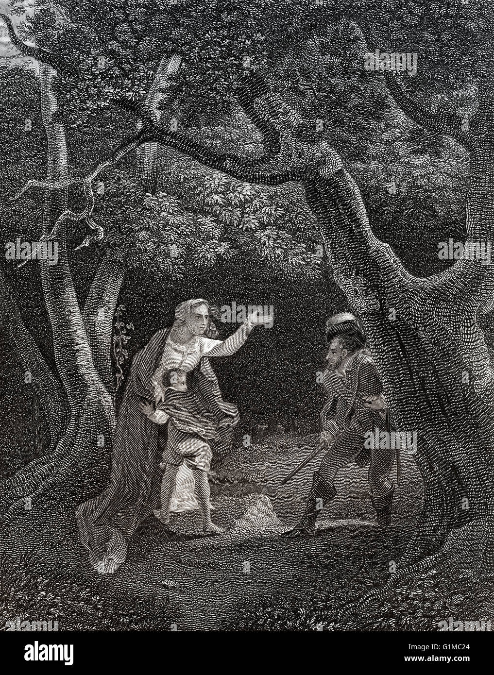 Margaret von Anjou, Königin von Henry VI von Räubern in einem Wald Stipple überfallen Stockfoto