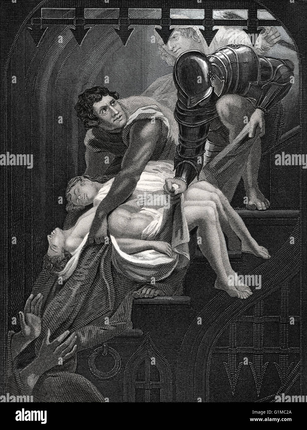 Der Mord an den Prinzen im Tower, spielen Shakespeares König Richard III, Akt IV, Szene III, Stockfoto