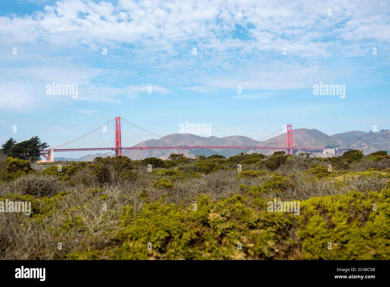 Blick auf die Golden Gate Bridge Crissy Field an einem sonnigen Tag in San Fransisco, Kalifornien, USA Stockfoto