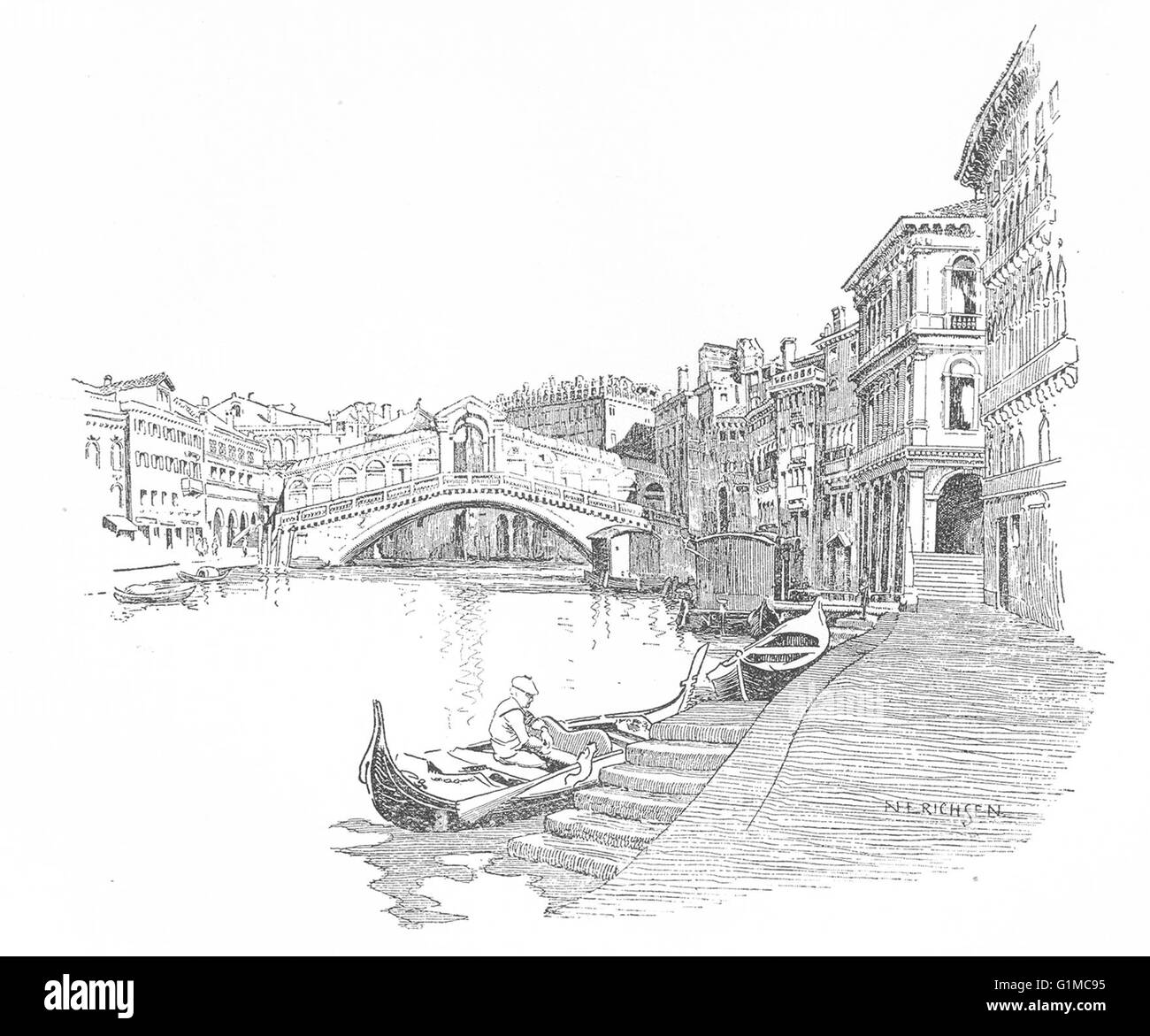 Venedig: Canal Grande, mit Riva del Carbon & Rialto-Brücke, Vintage print 1930 Stockfoto