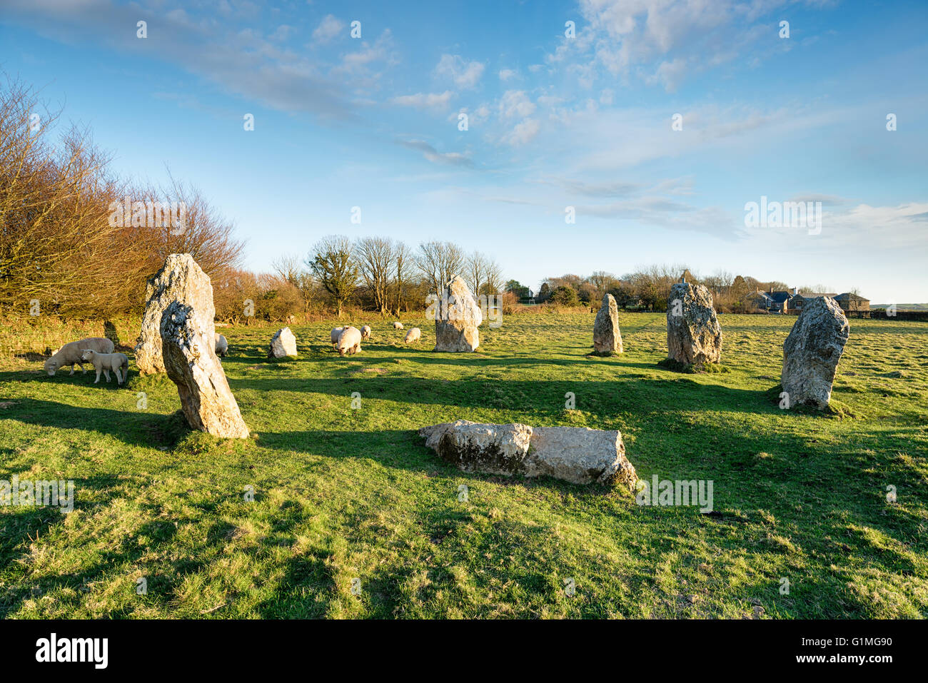 Cornwalls kleinste Steinkreis versteckt auf einem Feld am Duloe in der Nähe von Looe Stockfoto