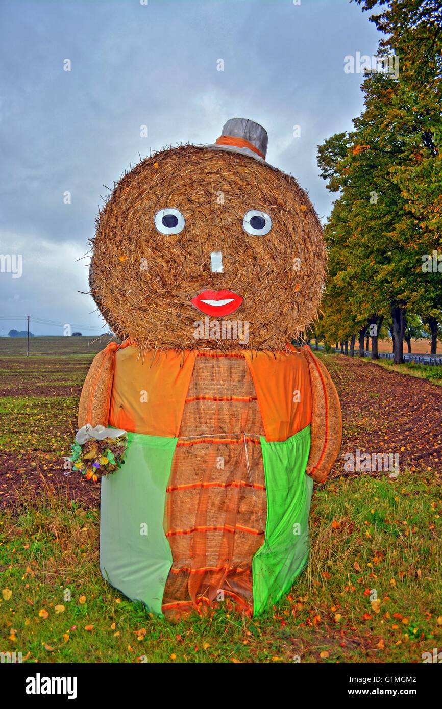 Tag der Landwirte in Deutschland, eine handgefertigte Stroh Bauern Frauen mit Blumen auf einem Bauernhof-Feld in der Nähe der deutschen Ostsee Küste Stockfoto