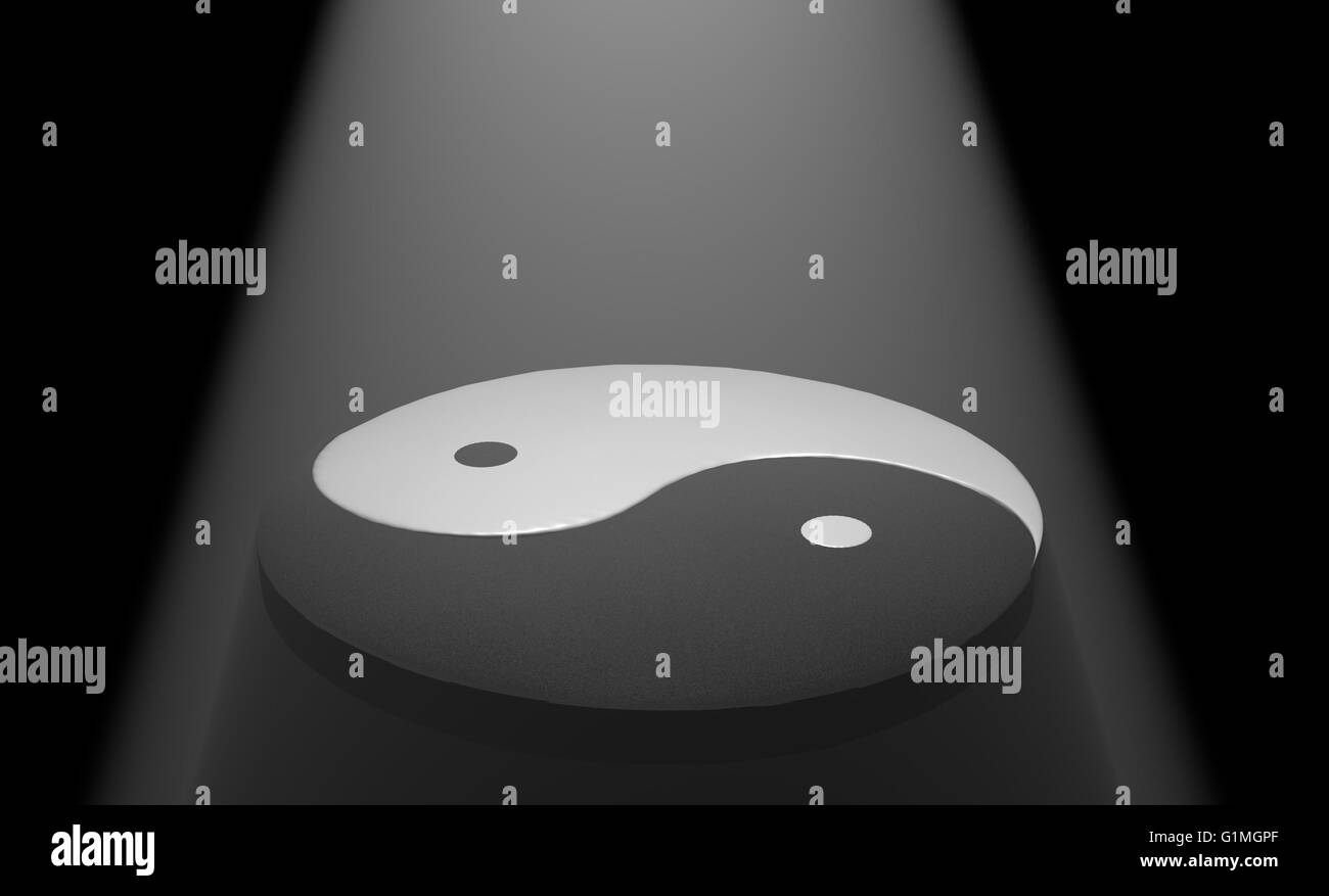 Yin Yang 3D-Illustration in Nebelscheinwerfer Stockfoto