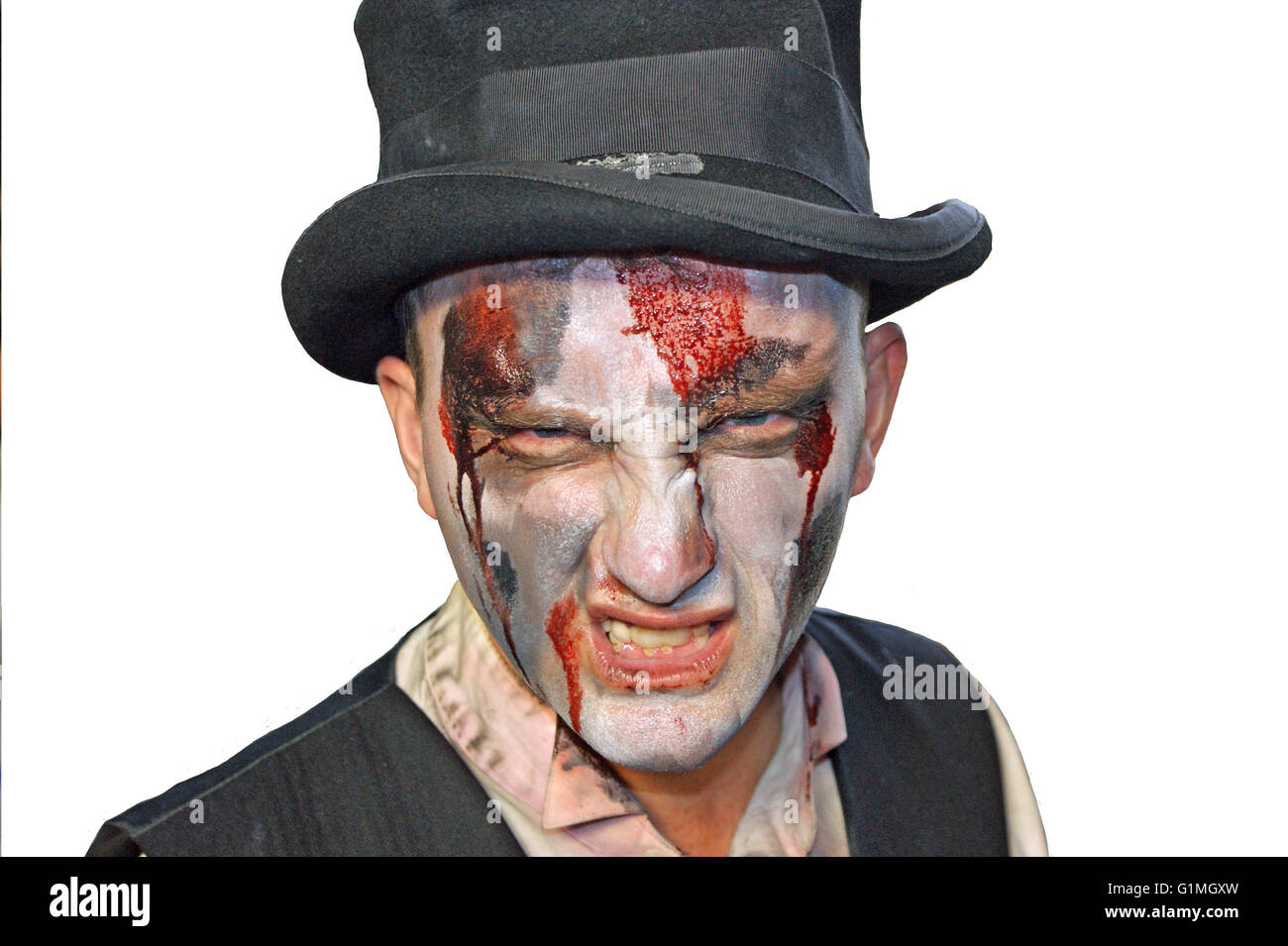 Horror Make-up von "Living Dead" Horror of London, Halloween im Voraus, weißer Hintergrund Stockfoto