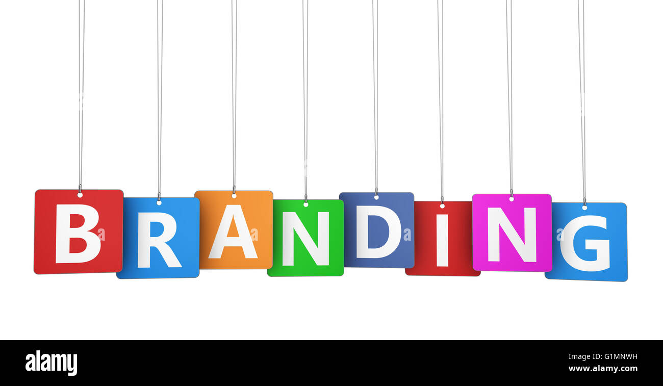 Branding marketing-Konzept mit branding Wort auf bunten Tags für branding, Design und Illustration isoliert auf weiss. Stockfoto