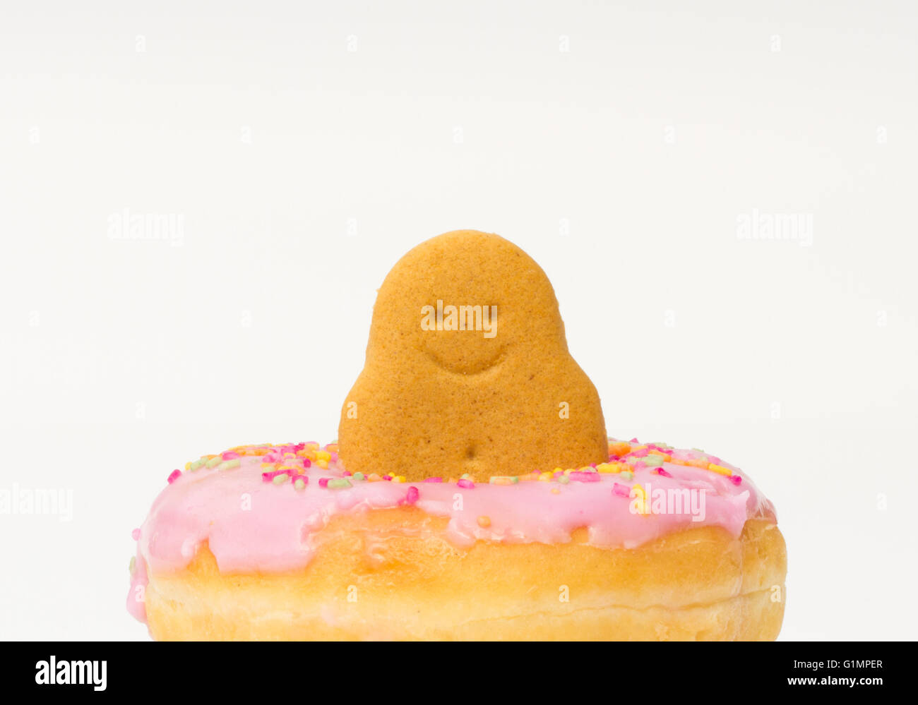 Eine glückliche, lachende Lebkuchenmann sitzen in das Loch ein Kuchen mit rosa Zuckerguss und Streusel auf einem isolierten weißen Hintergrund Stockfoto