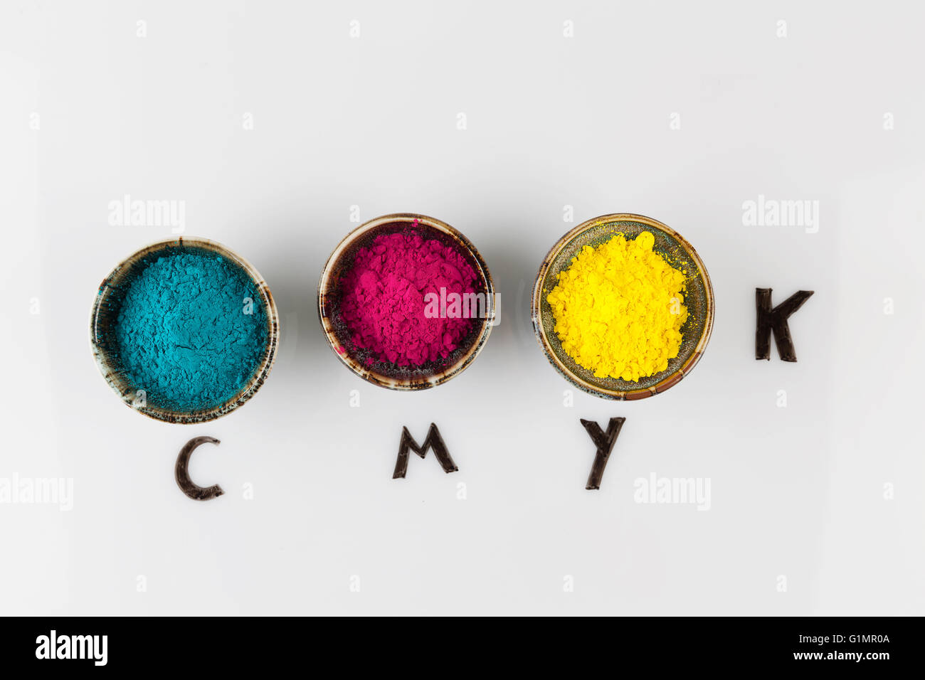 CMYK-Schema Farbkonzept dargestellt mit bunt gefärbten Puder auf Whiteboard mit Textfreiraum Stockfoto